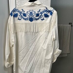 Bob Mackie White and Blue Embroidered Button Down Shirt